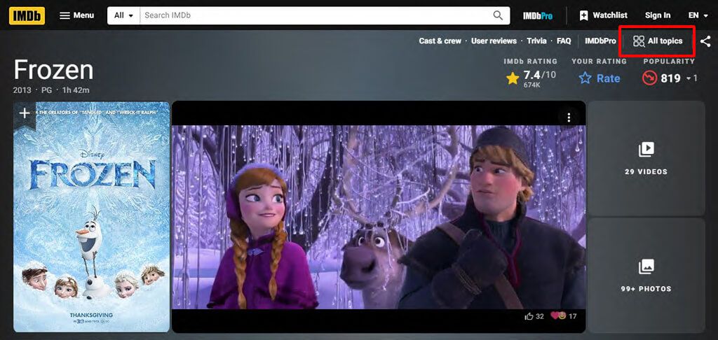 Screenshot of the Frozen movie listing on the IMDb website.